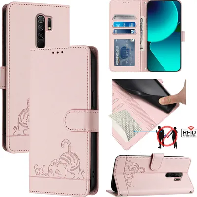 Produktbild von Leder Hülle für Xiaomi Redmi 9 Süße Katze Flip Case Brieftasche Schutzhülle mit Standfunktion Pink