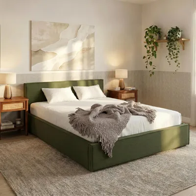 Produktbild von Polsterbett PESARO 140x200 cm, Grün – Bettgestell inkl. Lattenrost, strapazierfähiger Stoffbezug in Leinen-Optik, modernes Doppelbett mit Kopfteil für Schlafzimmer