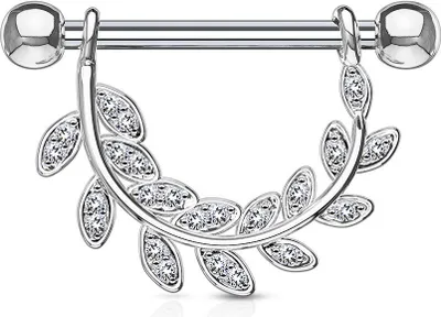 Produktbild von Brustwarzen Piercing Nippelpiercing Brustpiercing Blatt Blätter Zweig Zirkonia Kristalle Autiga® silber