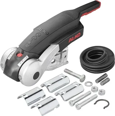 A product shot of a trailer hitch coupling device and its accessories, displayed on a white background.