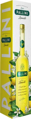 A bottle of Pallini Limoncello with its packaging, surrounded by lemons and flowers.