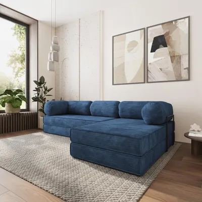 Produktbild von Masseno Ecksofa ETERA mit Metallgestell, Modulares Schlafsofa aus Schaumstoff, Klappbares Bodensofa, Schlaffunktion - Blau, POSO 05