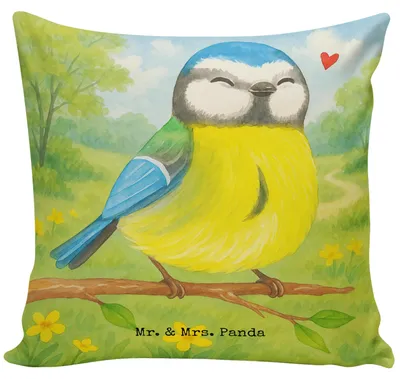Produktbild von Mr. & Mrs. Panda Dekokissen Vogel Blaumeise Design - Weiß - Geschenk, Kleines Kissen, Frühling, Frühlingsgefühle, Osternest, kuschelkissen 40x40, Sofa, Osterhase, Ostern