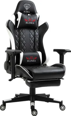 A black and white gaming chair with a footrest and adjustable armrests, shown from a front-side angle on a white background.