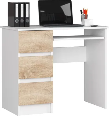 Produktbild von BDW, Computertisch mit 3 Schubladen, Tastaturauszug, 90x77x50 cm, Weiß / Eiche Sonoma (Links)