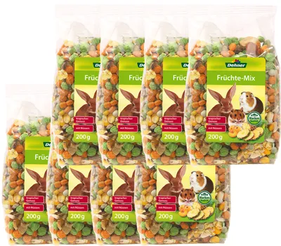Produktbild von Dehner Nagersnack, Nagerfutter vitaminreich / mineralstoffreich, für Kaninchen / Nagetiere, Früchte-Mix mit Nüssen, 8 x 200 g (1.6 kg)