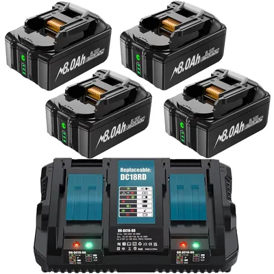 Produktbild von 18V Akku-Set für Elektrowerkzeuge - Ersatzakkus kompatibel mit BL1830/BL1850/BL1860 - 8,0Ah 8000mAh Li-Ion - 6A Schnellladegerät - 4er Pack - 18650 Zellen