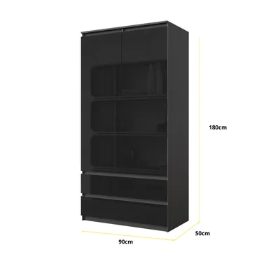Immagine prodotto di Armadio JOELLE 90 cm antracite / nero lucido, ante battenti, 2 ante, 2 cassetti, asta appendiabiti, 3 vani, L90 x A180 x P50 cm