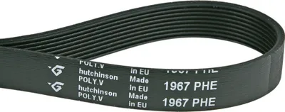 A black serpentine belt with white text and logos.