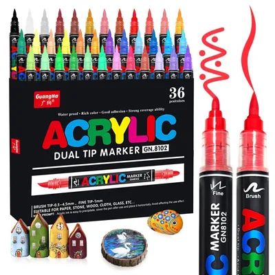 Productafbeelding van Acrylstiftenset, 36 stuks, waterbestendig, dubbele punt, 4,0 gram inktvoorraad, geschikt voor steen, glas, hout, keramiek, metaal, canvas