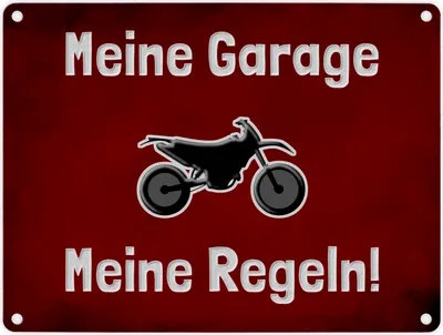 Produktbild von Meine Garage Meine Regeln! Metallschild in 15x20 cm mit Motorrad und rotem