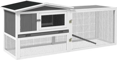 Produktbild von Kaninchenstall für Zwergkaninchen Hasenstall mit Freilaufgehege Bodenwanne, Rampe, Kleintierstall aus Holz Meerschweinchen Gehege mit 2 Etagen, Sichtfenster, 156x58x68 cm, Hellgrau |