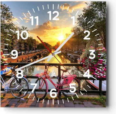 Produktbild von Wanduhr - Quadrat - Glasuhr - Bikes Kanal Amsterdam Architektur - 30x30cm - Schleichendes Uhrwerk - Lautlos - zum Aufhängen bereit - Dekoration Modern - Wanddekoration aus Glas - C4AC30x30-3081