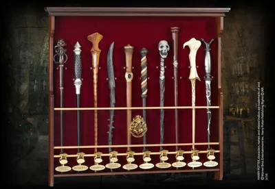 A display case holding ten Harry Potter wands, each with a unique design and a small plaque at its base.