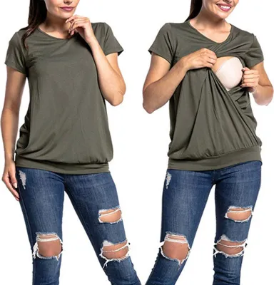 Produktbild von Damen Schwangerschafts-T-Shirt mit Rundhalsausschnitt, kurzärmelig, OD, Grün, Umstandsmode nach der Geburt, Still-T-Shirt, L