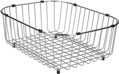 A stainless steel dish rack with a grid pattern on the bottom and vertical bars on the sides. It has black rubber feet and black rubber grips on the top rim.