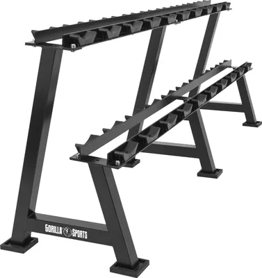Produktbild von GORILLA SPORTS® Kurzhantelablage - 245x62x49/91cm, mit 2 Ebenen, 20 Ablagen, für Kurzhanteln, bis 500kg Belastbar, Stahl, Schwarz - Dumbbell Rack, Kurzhantelständer, Gewichteständer, Hantellagerung