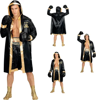 Multiple views of a male boxer costume.
