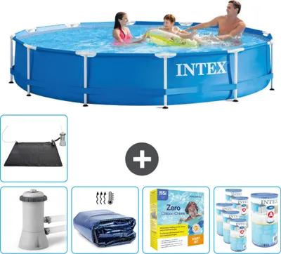 Immagine prodotto di Piscina Intex con struttura rotonda - 366 x 76 cm - blu - pompa inclusa - tenda da sole - pacchetto manutenzione - filtro - tappetino solare