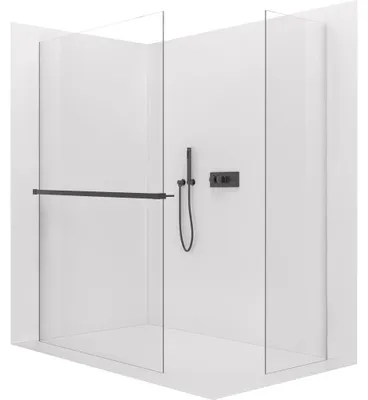Productafbeelding van Douchewand Walk-in Crystal T links/rechts - 10 mm - zonder scharniersysteem + plank/handdoekhouder - mat zwart, transparant glas - 130x130x200 cm