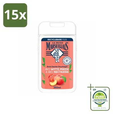 Imagen del producto de 15 unidades de gel de ducha Le Petit Marseillais, fórmula orgánica con melocotón y nectarina, 250 ml. Pack grande