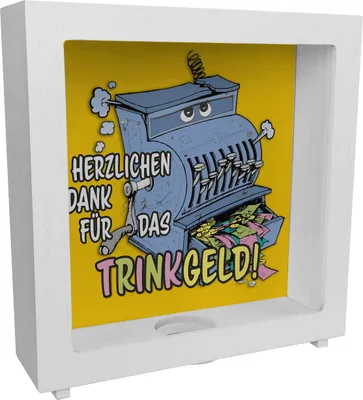 Produktbild von Trinkgeld Rahmen Spardose aus Holz mit Ladenkasse Motiv in orange