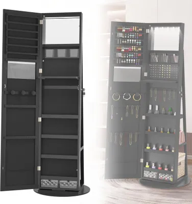 A collage showing a jewelry cabinet from different angles, one open and one closed, with some interior details visible.