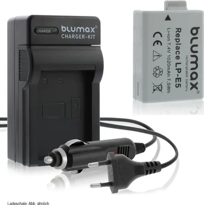 Produktbild von 1x Akku + Lader für Canon EOS 450D, EOS 500D, EOS 1000D LP-E5 1020 mAh