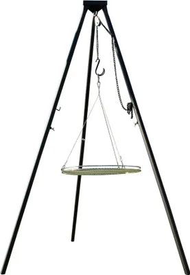 A black metal tripod grill stand with a circular grill grate suspended by chains.