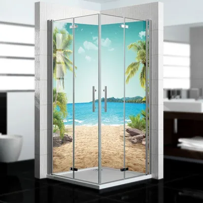 Produktbild von dedeco Eck-Duschrückwände Aluminium wasserfest Motiv: Strand V8, 2 x 90x200x0,3cm, Badrückwand, Fliesenersatz fugenlos Wandverkleidung Wandpaneele,  Germany