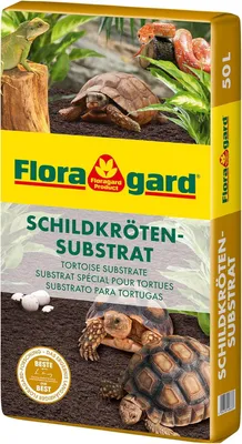 A bag of Floragard tortoise substrate with images of tortoises and other reptiles.