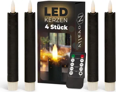 Produktbild von Stabkerzen LED mit Timer SCHWARZ 4 Stück indoor 6 Stunden - ECHTWACHS 18cm Höhe für Kerzen 2,2cm Durchmesser 2 AAA Batterien notwendig LED Stabkerzen flackernde Flamme bewegliche Flamme Licht