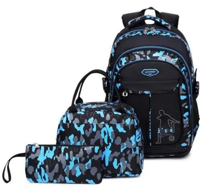 Produktbild von Schulrucksack Set 3-teilig Jungen Teenager Camouflage Blau mit Federmappe und Lunchpaket