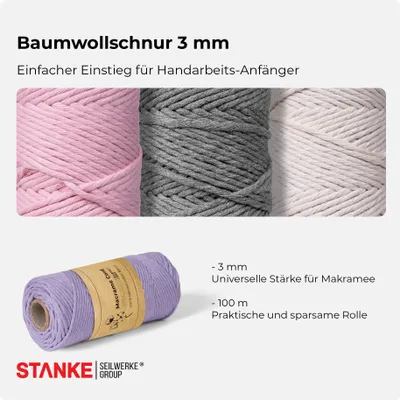 Produktbild von STANKE Makramee Garn 3mm 100 m Farbe Hellblau - Baumwollgarn für Boho-DIY, Körbchen, Traumfänger - Baumwollkordel für Girlanden, Untersetzer, Taschen - 100% Baumwolle, gedreht, weich, große Rolle