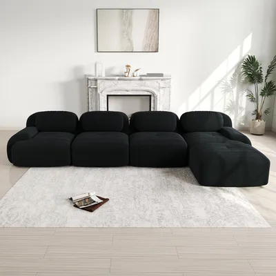 Immagine prodotto di Divano angolare Sweiko a 4 posti con imbottitura altamente elastica 32D, antiscivolo, con chaise longue, braccioli extra larghi, liberamente combinabile, senza montaggio per ufficio, soggiorno e home cinema, Nero