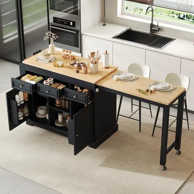 Immagine prodotto di Tavolino multifunzionale per il bar con ripiano per spezie e cassetti, isola da cucina con ruote e piano estendibile, colore nero