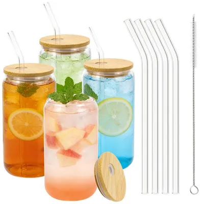 Productafbeelding van Set van 4 drinkglazen met deksel en rietje, 500 ml, gemaakt van borosilicaatglas