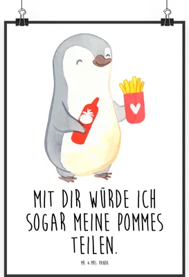 Produktbild von Mr. & Mrs. Panda Bild Pinguin Pommes DIN A2 - Weiß - Geschenk, Valentinstag, für Freundin, Frauen, Hochzeitstag, Deko, Partner, drucke, wanddeko, Kunstdruck, Wandbild