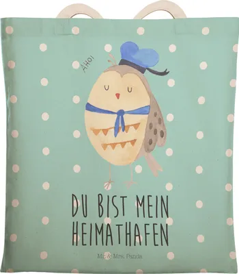 Produktbild von Mr. & Mrs. Panda Tote Bag Eule Matrose - Türkis Pastell - Geschenk, Shoppingtasche, Heimathafen, Große Einkaufstasche, Seefahrer, shopping, Freundin, Tasche, Beutel