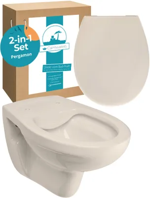 Produktbild von Calmwaters® Spülrandloses Hänge WC als Tiefspül WC im Komplett-Set mit Toilettendeckel mit Absenkautomatik in Pergamon Take-Off, 99000192
