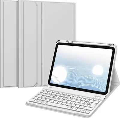 A white tablet case with a keyboard and a stylus is displayed against a white background.
