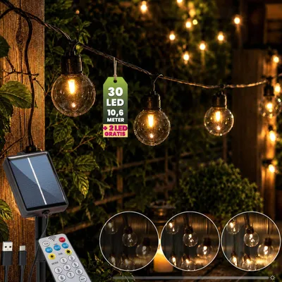 Produktbild von LUMILED Solar Lichterkette für Außen 10,5M 30x LED Lampen + 2 Ersatzbirnen Fernbedienung Dekorative Glühbirnen IP44 spritzwasserdicht Wetterfest 8 Betriebsarten Warmweiß 3000K Garten Terrasse Balkon Party Deko Beleuchtung Solarleuchte