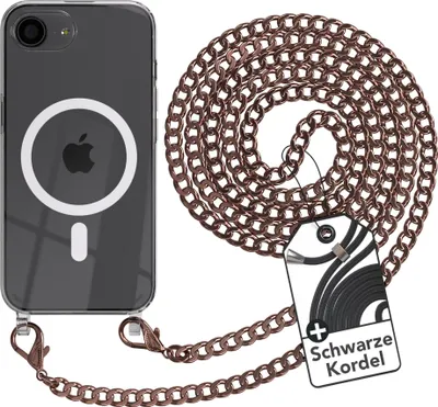 Produktbild von EAZY CASE Handykette kompatibel mit Apple iPhone 16e, Kette zum Umhängen aus Metall, Silikonhülle mit Band, stoßfest, mit MagSafe in Gold