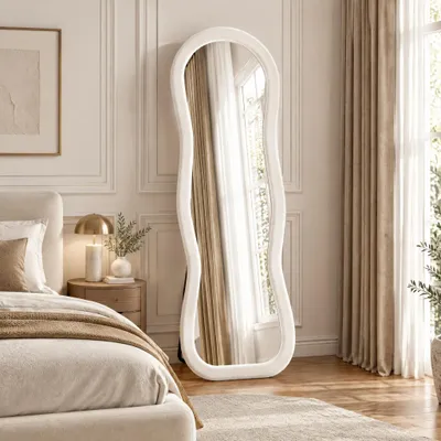 Zdjęcie produktu dla Lustro stojące do całego ciała INONEFT, 160x50 cm, faliste, do postawienia, zawieszenia lub opierania o ścianę, idealne do sypialni i salonu, kolor: biały (materiał: flanela)