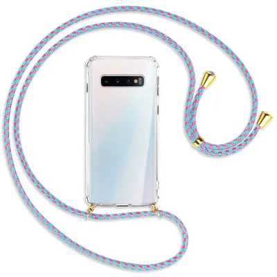 Produktbild von Handykette Backcover-Schutzhülle mit Band (Metall goldfarben) für Samsung Galaxy S10 - pink/mint