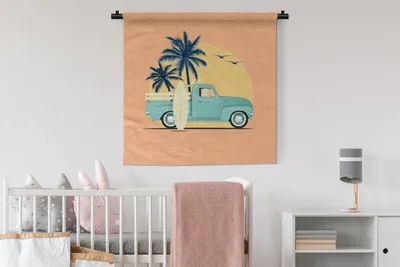Produktbild von MuchoWow® Wandteppich Wandbehang Auto - Surfbrett - Palme - Pastell 90x90 cm Tapisserie Dekoration Wandtuch - Wandaufhänger