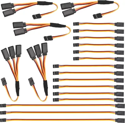 Zdjęcie produktu dla Zestaw 20 przedłużaczy do serwomechanizmów RC | Złącza 3-pinowe JR | Długości 100mm, 150mm, 300mm | 1 do 2/1 do 3 konfiguracji