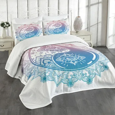 Produktbild von ABAKUHAUS Ying Yang Tagesdecke Set, Mandala-runde Ombre-Muster mit Yin Yang Third Eye-kultureller Zen Mystic Asian Art, 220 x 220 cm, Pink Blau