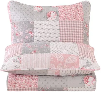 Produktbild von Ibenzoa® Rosa Patchwork-Tagesdecke 220 x 240 cm mit Blumenmuster, Mikrofaser-Polyester Steppdecke-Set – 2 Kissenbezüge 48 x 75 cm, für Einzel- & Doppelbett