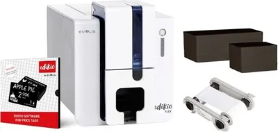 A product shot of a price tag printing solution with accessories.